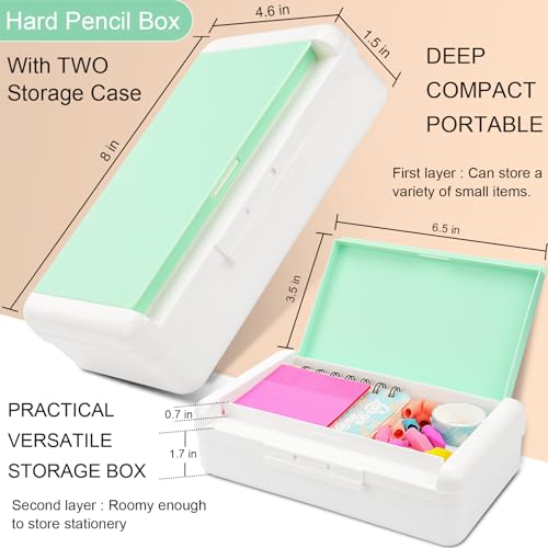 SFLHHDM Pencil Box for Office Supplies Storage Organizer, Double Layer Large Capacity Pencil Boxes, Plastic Crayon Box with Snap-tight Lid,Stackable Storage Case for Gel Pen Pencils Case-Pale Green - Image 2