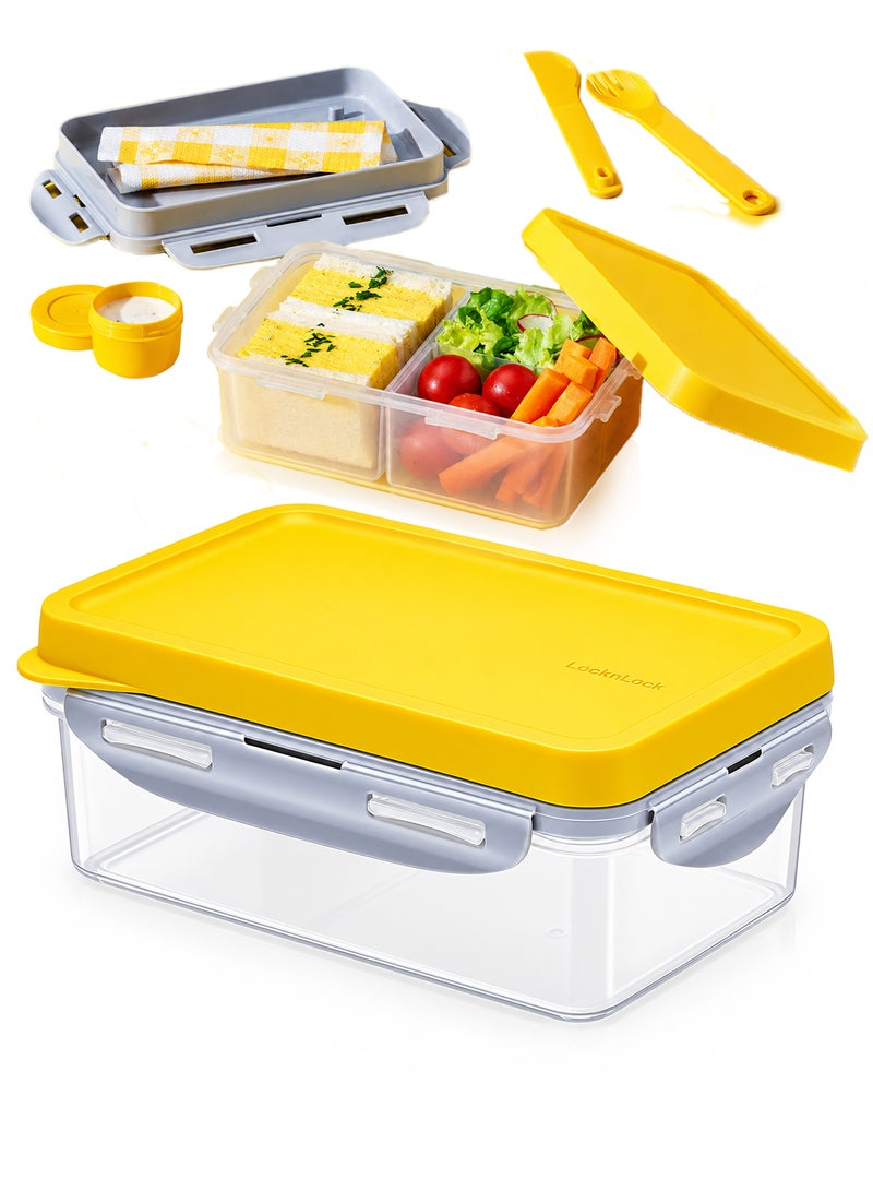 LOCK & LOCK LocknLock To Go 3-in-1 Lunchbox (Yellow) - BPA-Free, Airtight Container with Cutlery for On-the-Go Meals - Image 1