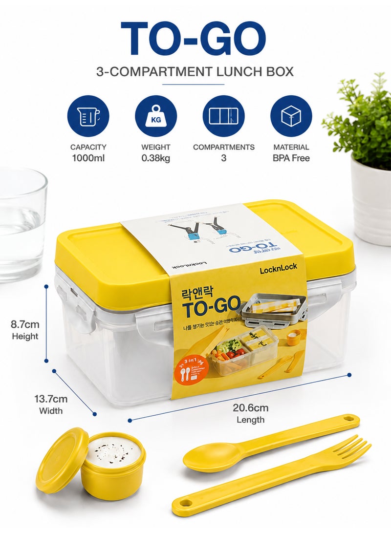 LOCK & LOCK LocknLock To Go 3-in-1 Lunchbox (Yellow) - BPA-Free, Airtight Container with Cutlery for On-the-Go Meals - Image 2