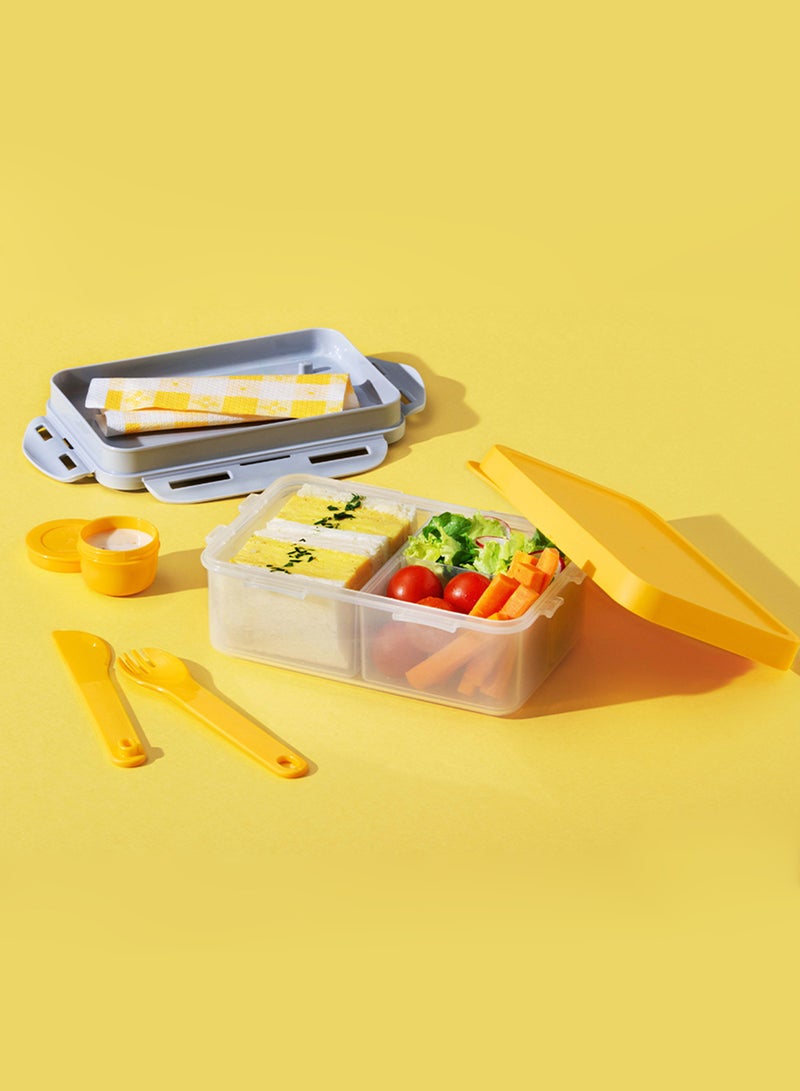 LOCK & LOCK LocknLock To Go 3-in-1 Lunchbox (Yellow) - BPA-Free, Airtight Container with Cutlery for On-the-Go Meals - Image 3