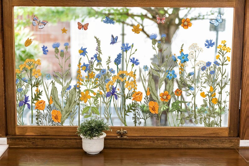 Whaline 6 Sheet Summer Wildflower Window Clings Vintage Blue Orange Watercolor Flower DoubleSided Reusable Floral Window Decals for Home School Office Spring Party Supplies