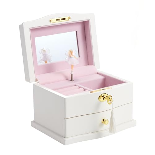 Jozen Gift Ballerina Musical Jewelry Box with Mirror for girls，Kid's Jewelry Storage Music Chest (White-L) - Image 1