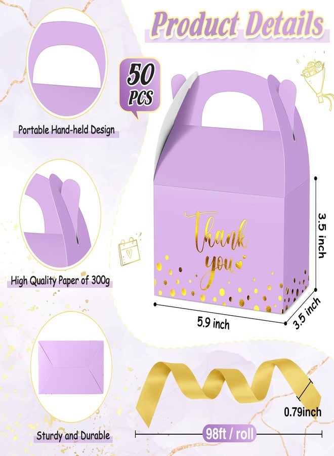 Engrowtic 50 Pcs Thank You Paper Boxes Ribbon Gift Treat Boxes with Handles 5.9 x 3.5 x 3.5 Inch Gold Foil Print for Graduation Wedding Baby Shower Holiday Party(Light Purple - Image 3