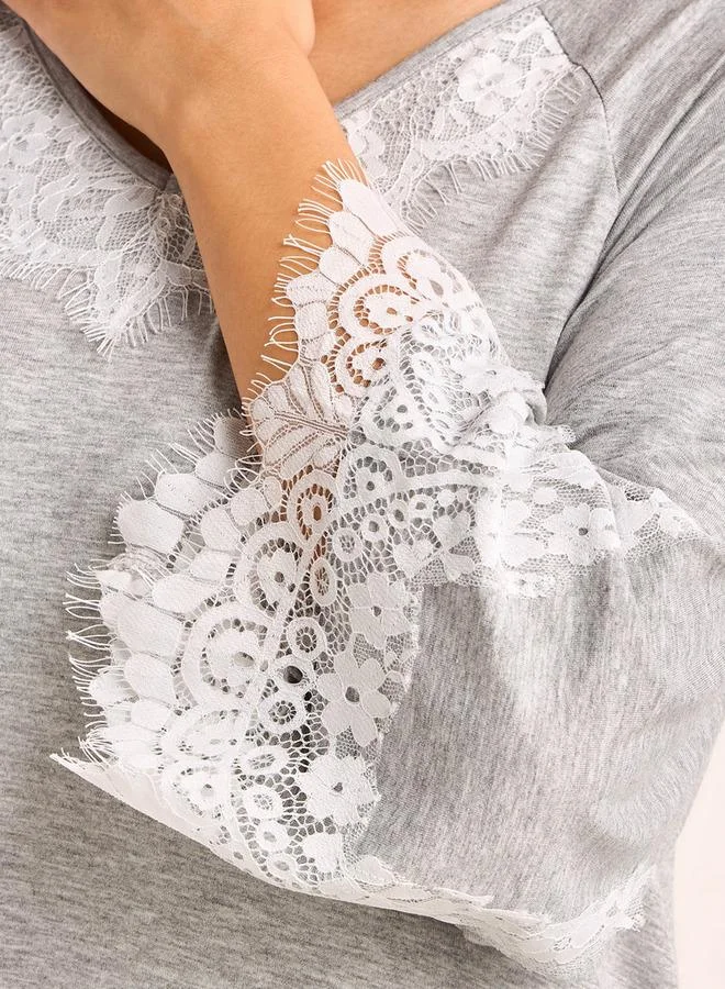 Splash FAV  Night Gown Long Sleeve Lace Trim for Women | Best Price UAE