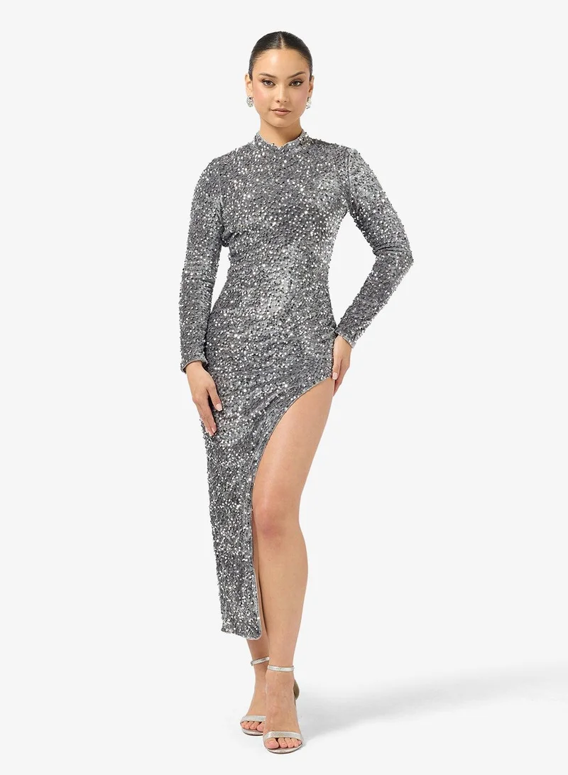 Ginger  Sequin Embellished Backless Dress with Slit for Women | Best Price UAE