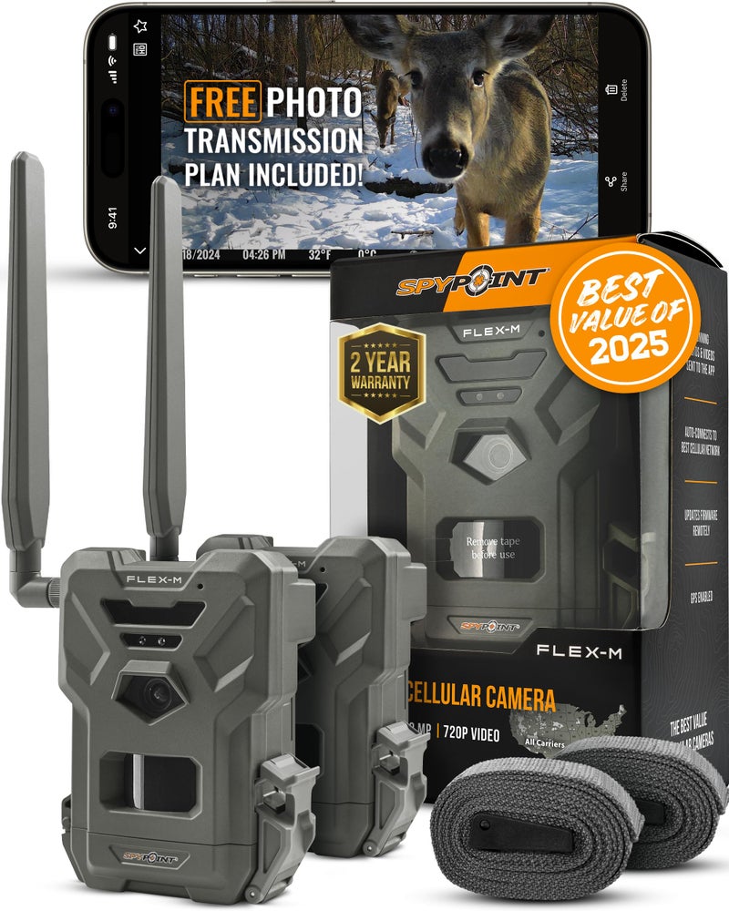 SPYPOINT Flex-M Twin Pack Cellular Trail Cameras - Best Hunting Accessories, No WiFi Needed, GPS, Night Vision, Dual-Sim LTE, IP65 Water-Resistant Game Camera, 28MP Photos, 720p Videos + Sound (2) - Image 1