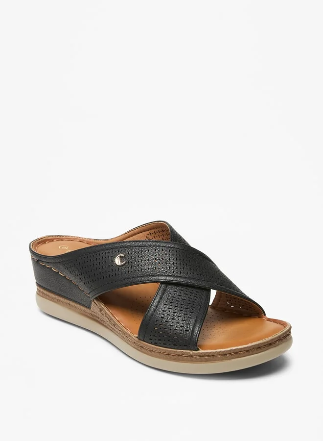 لو كونفورت Women's Textured Cross Strap Slip-On Flatform Sandals