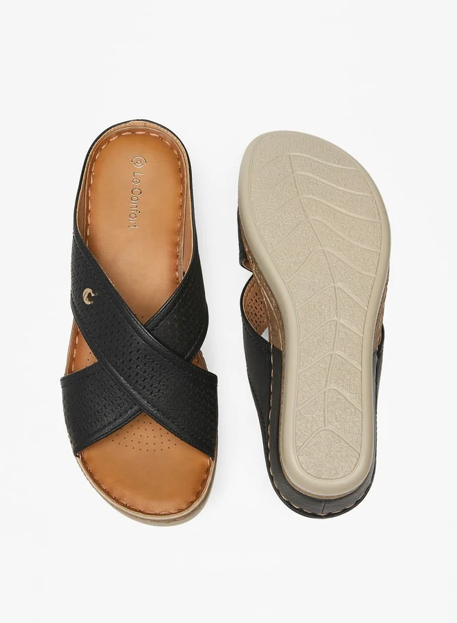لو كونفورت Women's Textured Cross Strap Slip-On Flatform Sandals