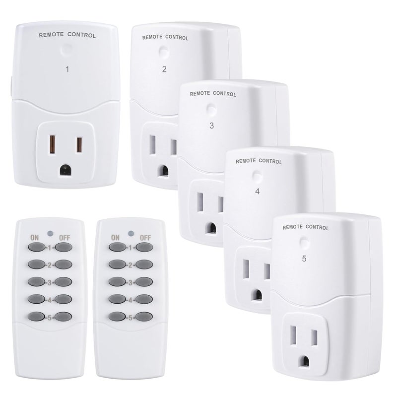 BN-LINK Mini Wireless Remote Control Outlet Switch Power Plug in for Household Appliances, Wireless Remote Light Switch, LED Light Bulbs, White (2 Remotes + 5 Outlets) 1250W/10A - Image 1