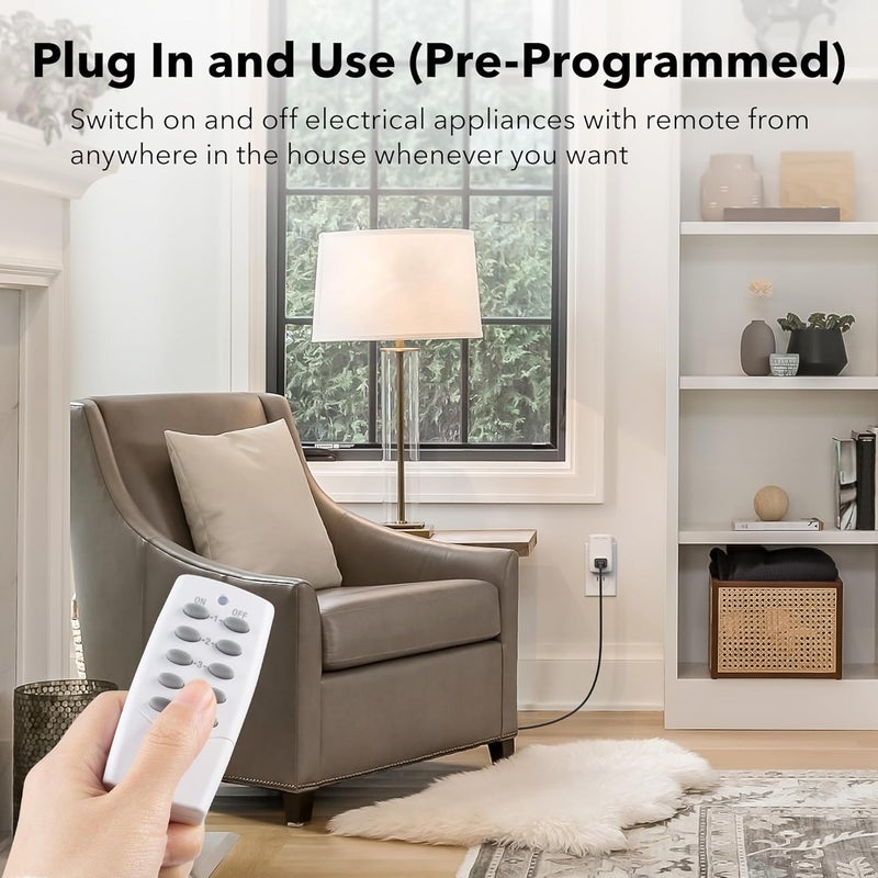 BN-LINK Mini Wireless Remote Control Outlet Switch Power Plug in for Household Appliances, Wireless Remote Light Switch, LED Light Bulbs, White (2 Remotes + 5 Outlets) 1250W/10A - Image 2