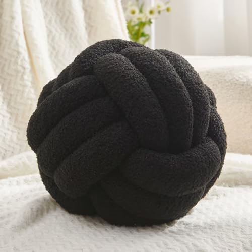 Petrella Black Knot Pillow Ball Handmade Soft Lambswool Round Throw Pillow for Chair Couch and Monochrome Room Decor Small Decorative Pillows Knotted Accent Cushion 8 Inch - Image 1
