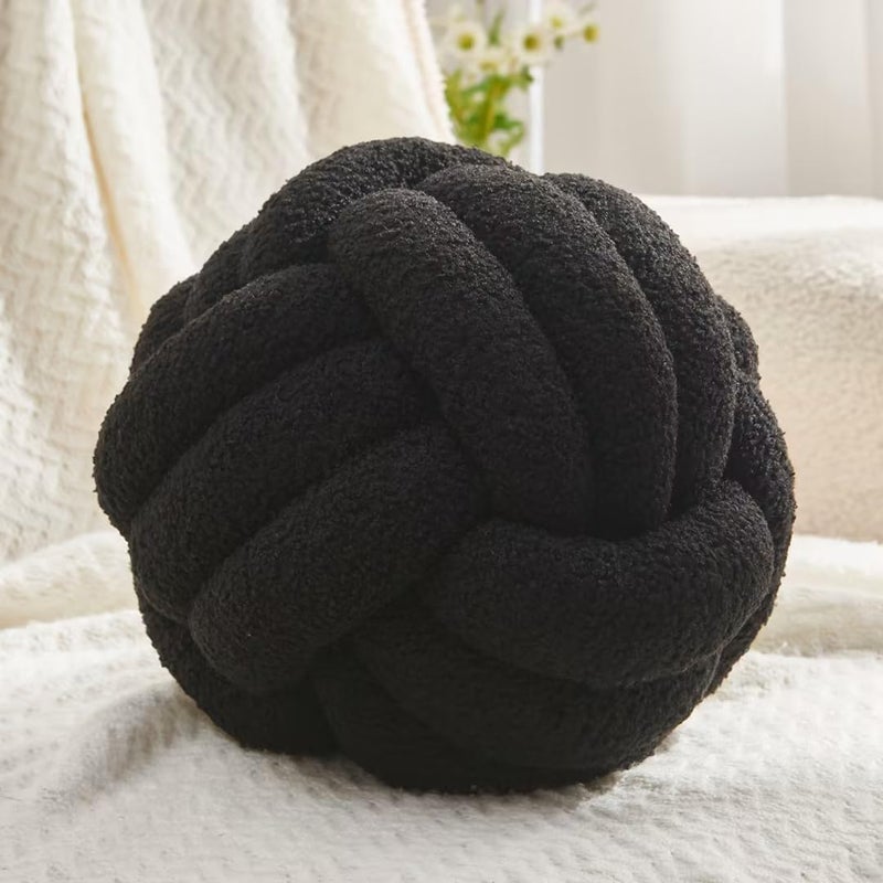 Petrella Black Knot Pillow Ball Handmade Soft Lambswool Round Throw Pillow for Chair Couch and Monochrome Room Decor Small Decorative Pillows Knotted Accent Cushion 8 Inch - Image 2