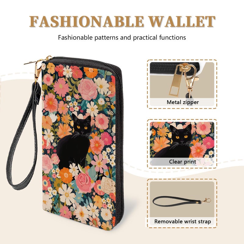 Vorruil Cat Women Wallet, Black Cat RFID Blocking Credit Card Holder Wallet for Women Wristlet, Cute Ladies Purse with Zip Around Phone Holder, Large Capacity Wallets Hand Strap, Women's Clutch Organizer - Image 5
