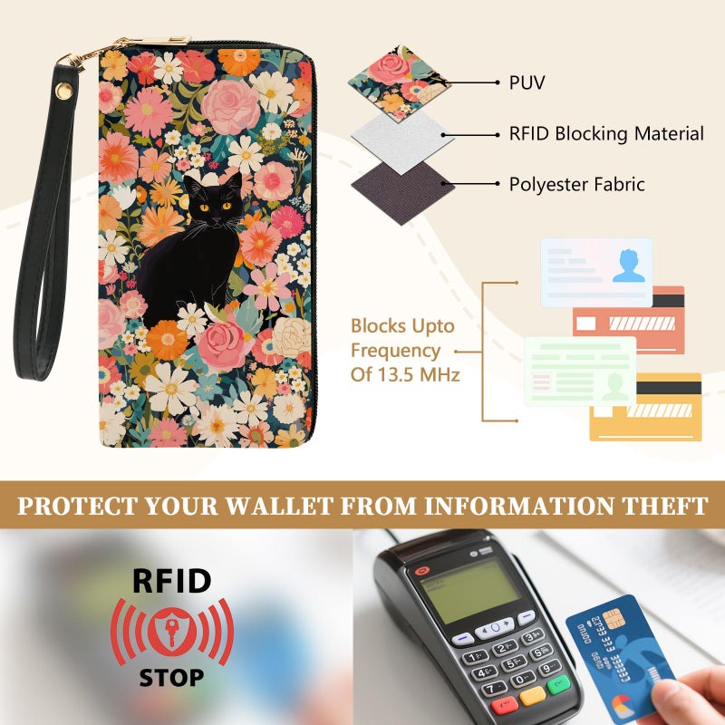 Vorruil Cat Women Wallet, Black Cat RFID Blocking Credit Card Holder Wallet for Women Wristlet, Cute Ladies Purse with Zip Around Phone Holder, Large Capacity Wallets Hand Strap, Women's Clutch Organizer - Image 4
