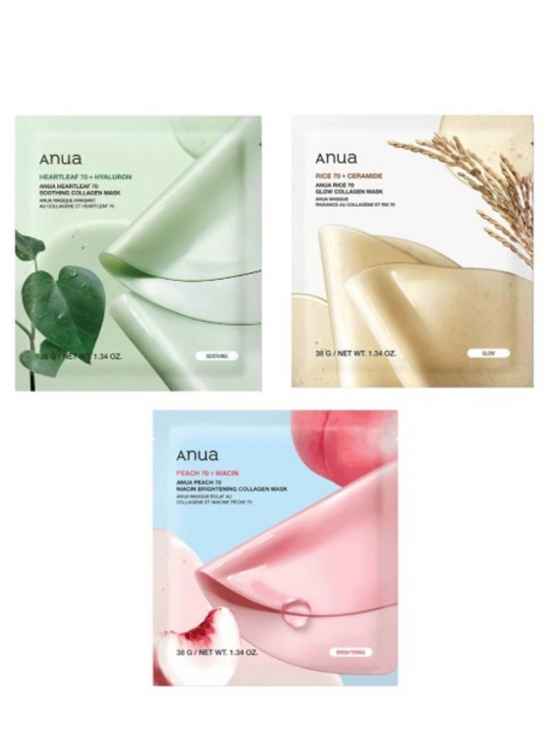 Anua Wonder Heartleaf 70 Soothing Collagen Mask + Rice 70 Glow Collagen Mask + Peach 70 Niacin Brightening Collagen Mask - Image 1