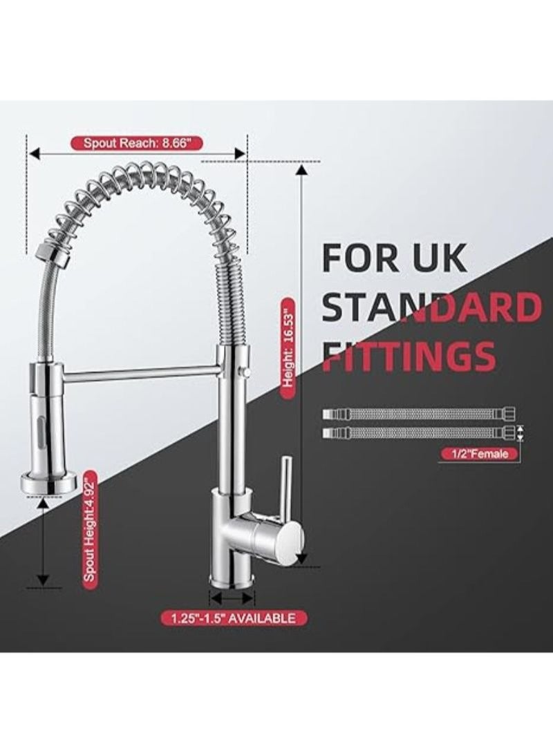 Kitchen Sink Mixer Tap | Spring Kitchen | Faucet with Pull Down Sprayer | 2 Spray Modes | High Arc Single Handle Lever | Kitchen Tap (Chrome) - Image 2