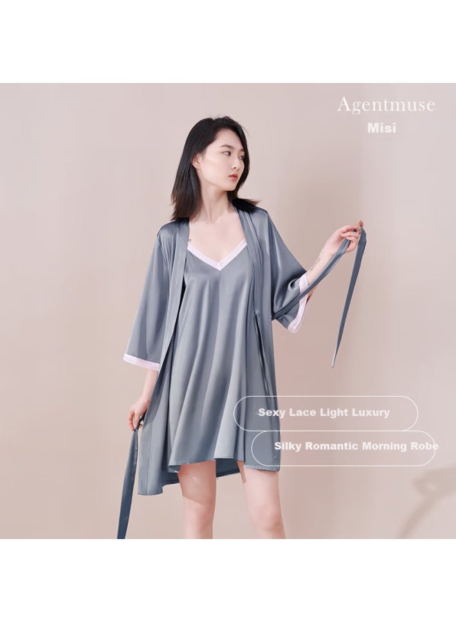 Agentmuse Women's Pajama Set Camisole Nightgown Robe Two-piece Faux Silk Nightdress Bridal Set - Image 1