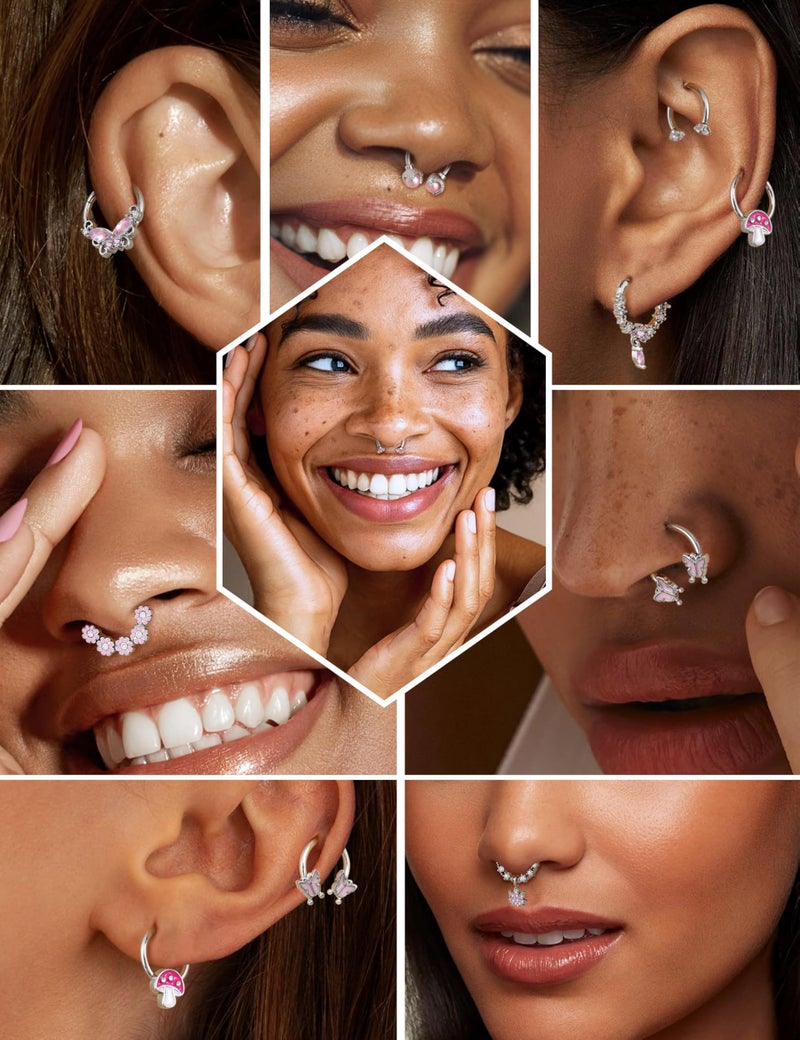 Drperfect 8Pcs Nose Rings Hoops for Women, 316L Surgical Steel Septum Clicker Rings Hinged CZ Silver Nose Ring Hoop 16G Eyebrow Lip Cartilage Tragus Rook Helix Conch Daith Piercing Jewelry 8mm Pink - Image 3