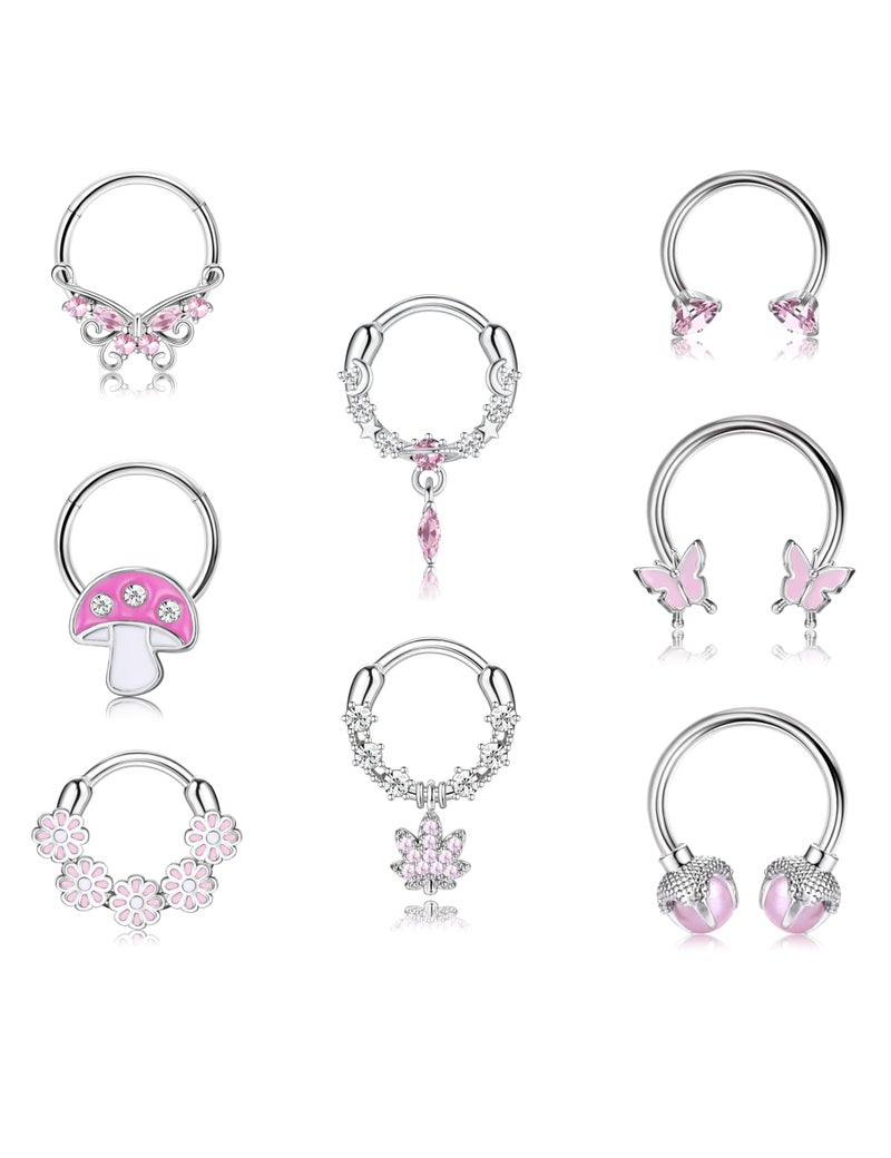 Drperfect 8Pcs Nose Rings Hoops for Women, 316L Surgical Steel Septum Clicker Rings Hinged CZ Silver Nose Ring Hoop 16G Eyebrow Lip Cartilage Tragus Rook Helix Conch Daith Piercing Jewelry 8mm Pink - Image 1