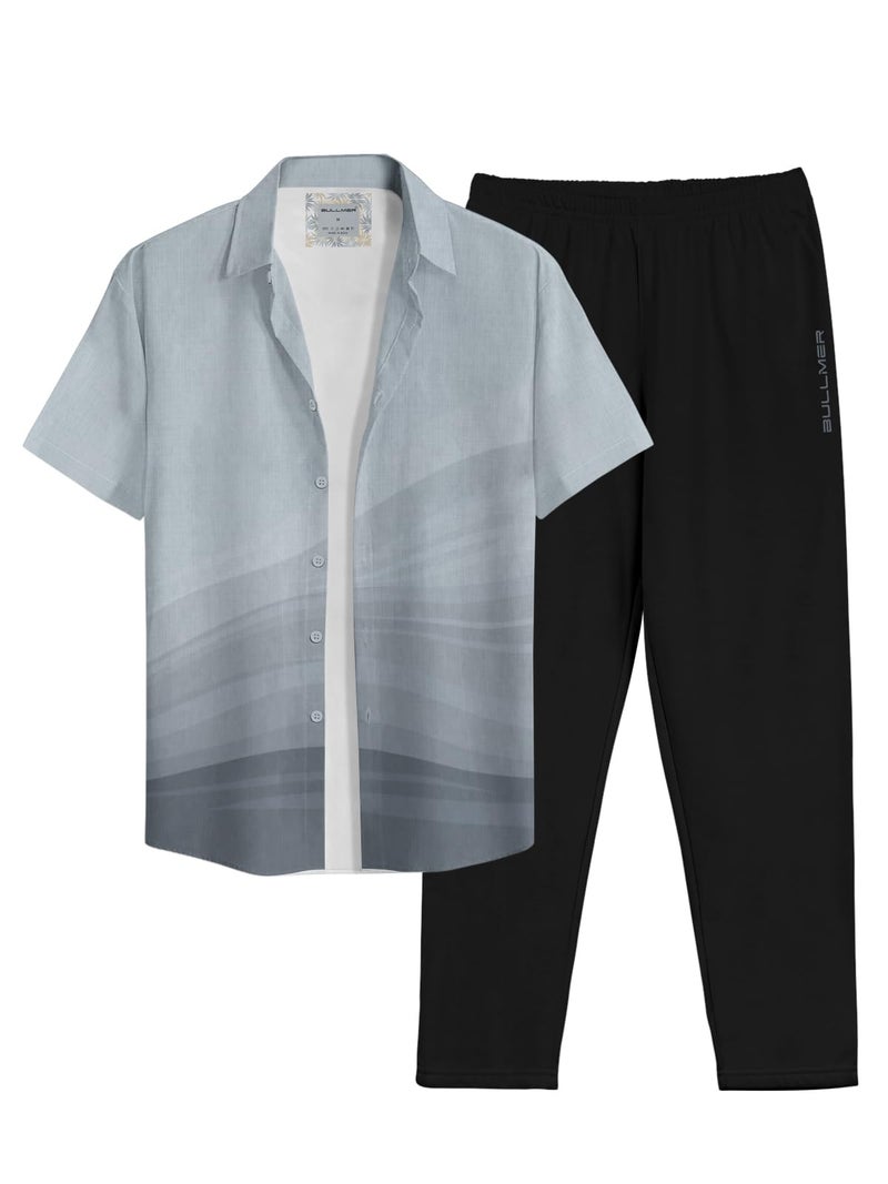 BULLMER Cotton Blend Solid Clothing Set With Trendy Shirt & Pants Co-Ords For Men Blue/Black Large - Image 1