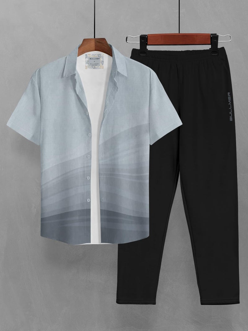 BULLMER Cotton Blend Solid Clothing Set With Trendy Shirt & Pants Co-Ords For Men Blue/Black Large - Image 2