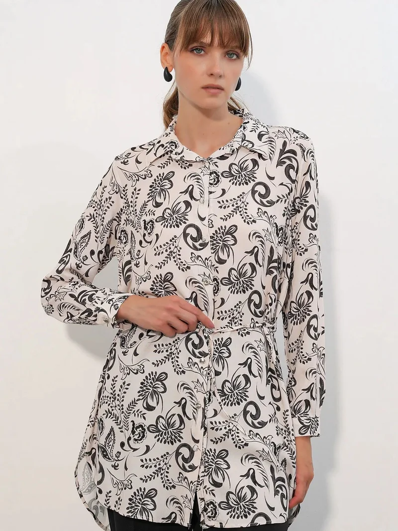 Big Dart BDART Floral Viscose Crepe Belted Long Shirt