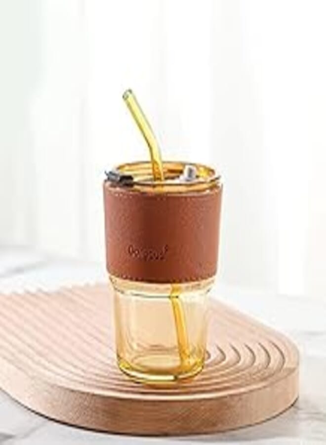 Glass Tumbler with Straw Lid and Heat Resistant Leather Sleeve 350ml - Coffee Tea Juice Cup (Honey)