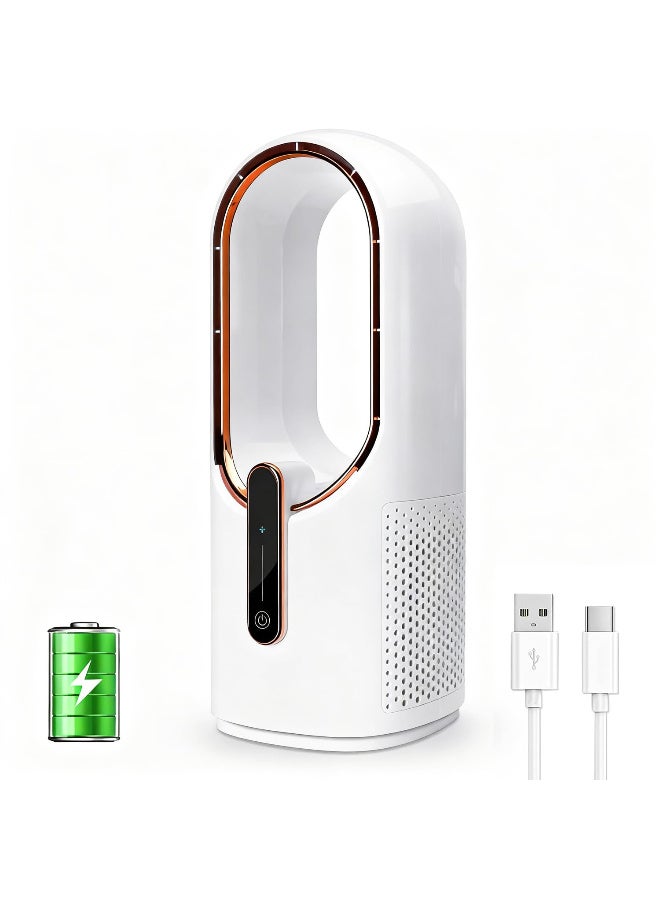 مروحة مكتب بدون شفرات، مروحة برج صغيرة محمولة وهادئة قابلة لإعادة الشحن عبر USB بثلاث سرعات للمكتب والمنزل وغرفة النوم، أبيض - Image 1