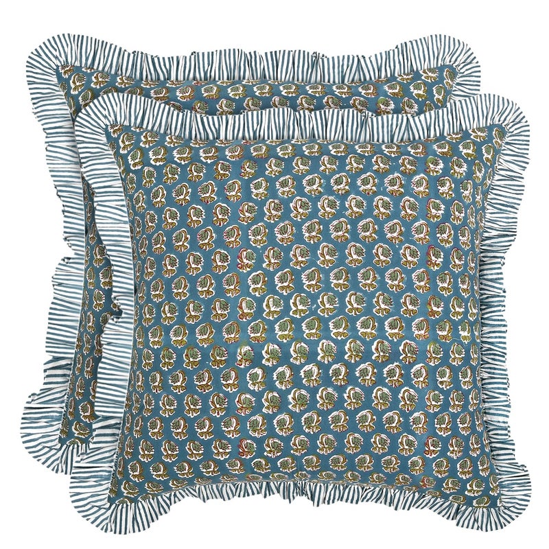 Ridhi Block Print Peacock Blue Throw Pillow Cover 20 x 20 Pack of 2 Decorative Cushion Covers with Ruffle for Couch Sofa Bed Living Room Home Decor Gift for Spring Easter Valentine - Image 2