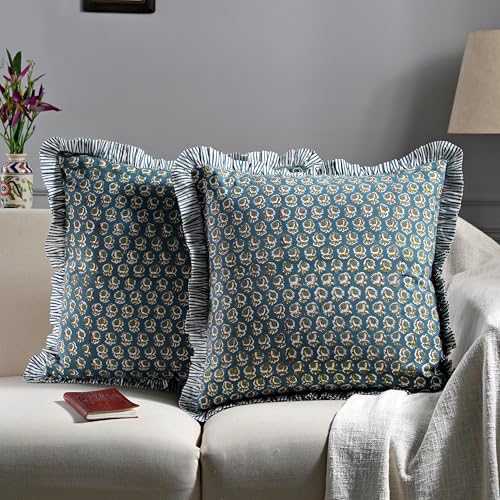 Ridhi Block Print Peacock Blue Throw Pillow Cover 20 x 20 Pack of 2 Decorative Cushion Covers with Ruffle for Couch Sofa Bed Living Room Home Decor Gift for Spring Easter Valentine - Image 3