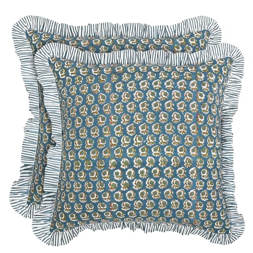Ridhi Block Print Peacock Blue Throw Pillow Cover 20 x 20 Pack of 2 Decorative Cushion Covers with Ruffle for Couch Sofa Bed Living Room Home Decor Gift for Spring Easter Valentine - Image 1