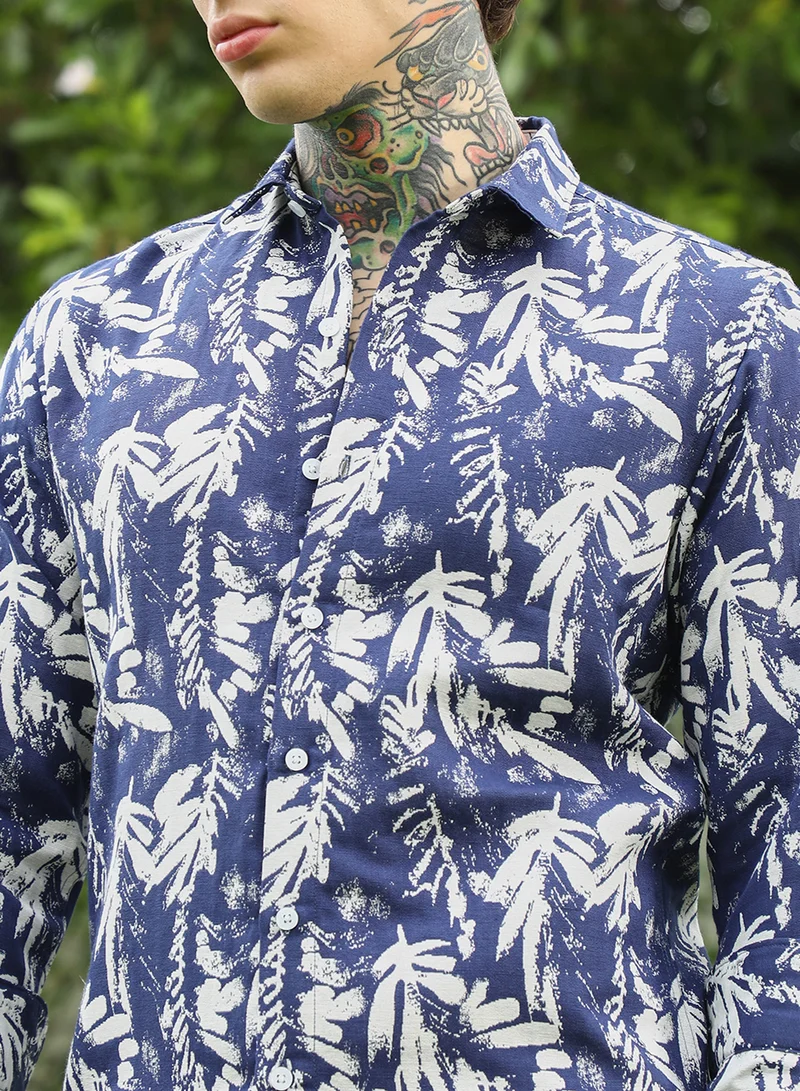 Campus Sutra Men's Navy Blue Botanical Print Cotton Blend Full Sleeve Shirt