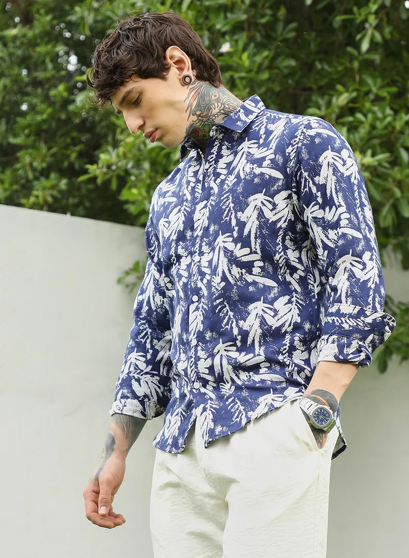Campus Sutra Men's Navy Blue Botanical Print Cotton Blend Full Sleeve Shirt