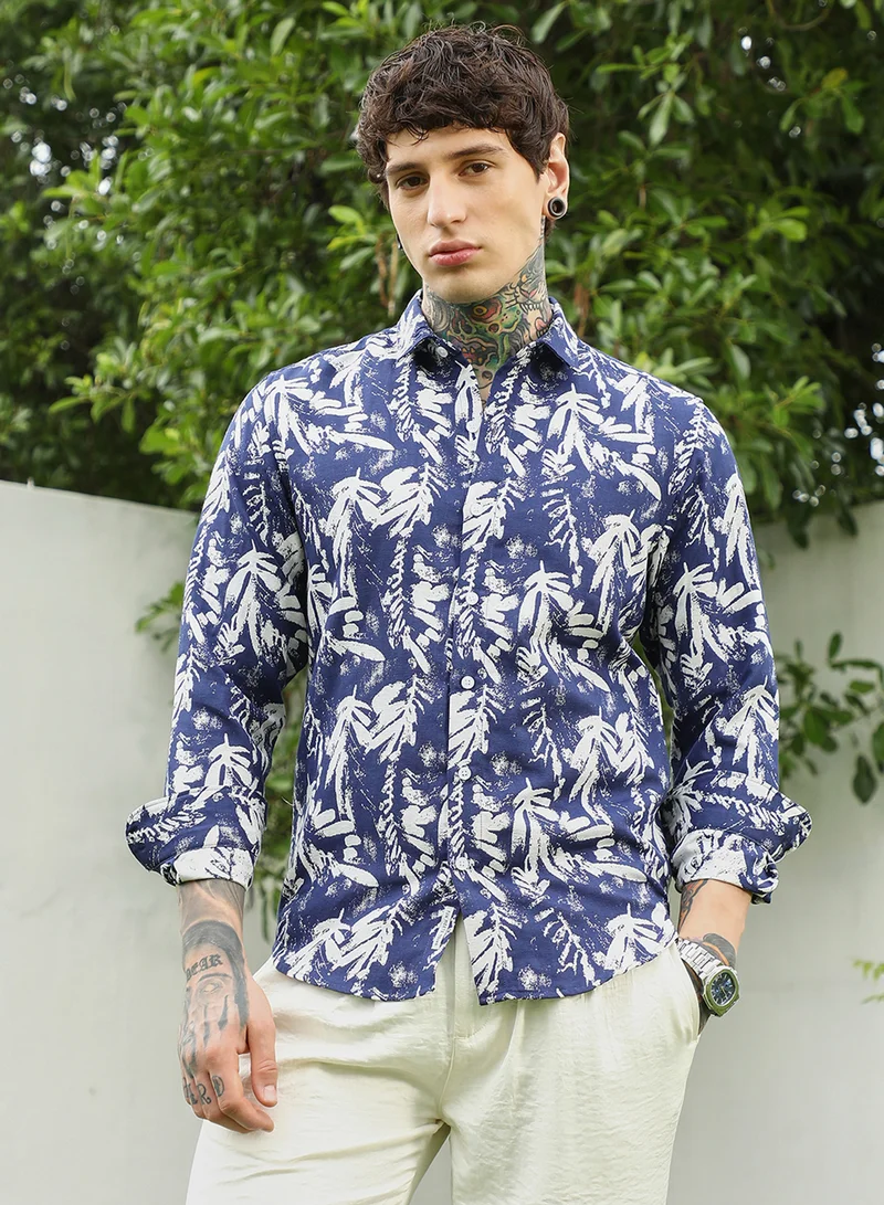 Campus Sutra Men's Navy Blue Botanical Print Cotton Blend Full Sleeve Shirt