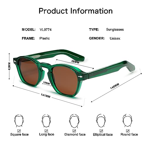 VANLINKER Retro Small Square Sunglasses for Men Womens Trendy Thin Cube Shades Vintage Slim Frames Luxury Eyewear VL9774 Green Frame Tea Lens - Image 5