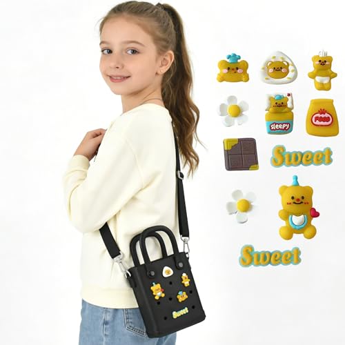 Juyeesm Mini Rubber Beach Bag with Strap & Charms, Waterproof EVA Beach Bag for Girls, Small Rubber Tote Bag for Women (Dark Black) - Image 3