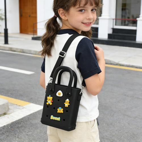 Juyeesm Mini Rubber Beach Bag with Strap & Charms, Waterproof EVA Beach Bag for Girls, Small Rubber Tote Bag for Women (Dark Black) - Image 4