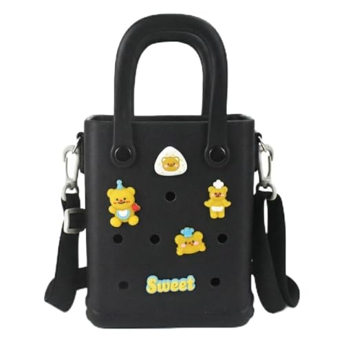 Juyeesm Mini Rubber Beach Bag with Strap & Charms, Waterproof EVA Beach Bag for Girls, Small Rubber Tote Bag for Women (Dark Black) - Image 1