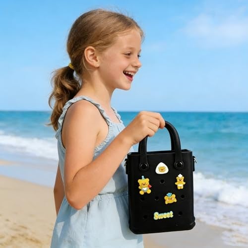 Juyeesm Mini Rubber Beach Bag with Strap & Charms, Waterproof EVA Beach Bag for Girls, Small Rubber Tote Bag for Women (Dark Black) - Image 5