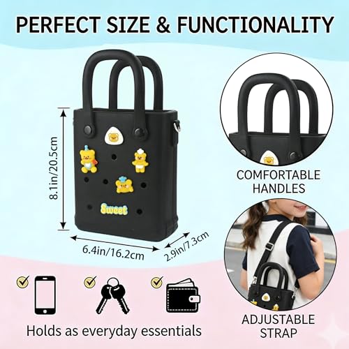 Juyeesm Mini Rubber Beach Bag with Strap & Charms, Waterproof EVA Beach Bag for Girls, Small Rubber Tote Bag for Women (Dark Black) - Image 2