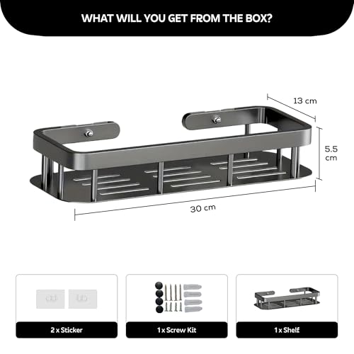 MIORAH No Drill Bathroom Shelf, Self Adhesive Wall Organizer, Rustproof Aluminium Shower Storage Rack Black Pack of 1 - Image 2
