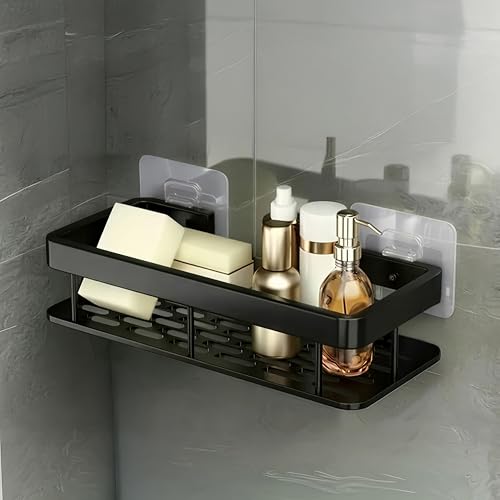 MIORAH No Drill Bathroom Shelf, Self Adhesive Wall Organizer, Rustproof Aluminium Shower Storage Rack Black Pack of 1 - Image 1