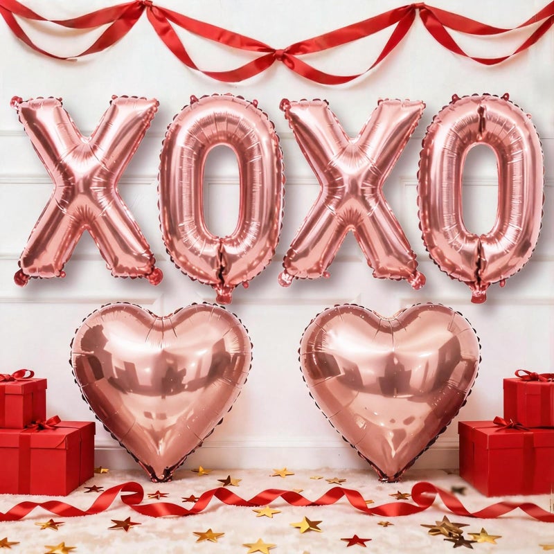 Froova Rose Gold XOXO Heart Balloons 6 Pcs Valentines Day Balloons Heart Shaped Balloon XOXO Foil Balloon Letters for Girls Women Anniversary Sweet Valentine Day Romantic Decor Special Night Party - Image 1
