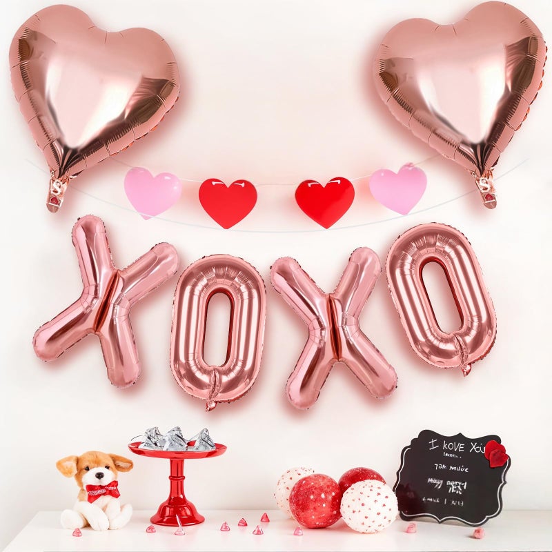 Froova Rose Gold XOXO Heart Balloons 6 Pcs Valentines Day Balloons Heart Shaped Balloon XOXO Foil Balloon Letters for Girls Women Anniversary Sweet Valentine Day Romantic Decor Special Night Party - Image 3