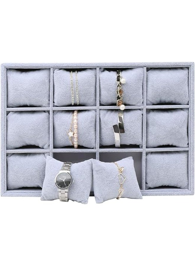 Padom Watch Jewelry Tray Organizer Bracelet Display Showcase 12 Grid Pillows Without Lid Tray Jewelry Storage Holder Grey Velvet Gifts for Men Women Girls - Image 4