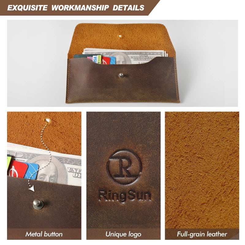 Ringsun Leather Money Cash Envelopes Wallet for Men, Money Bag Pouch Reusable Budget Envelope Wallet, Retro Clutch Wallet, Brown - Image 5