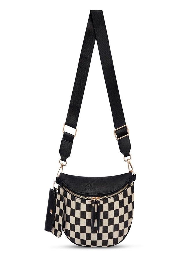 idoltimes Checkered Crossbody Bag,Nylon Bum Bags for Women Crossbody,Spacious Sling Bag Purse Fanny Packs with Shoulder Strap, Pu-black, Sport - Image 1