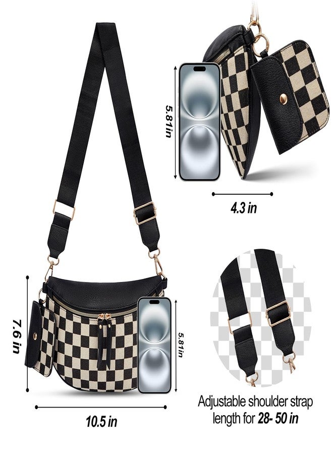 idoltimes Checkered Crossbody Bag,Nylon Bum Bags for Women Crossbody,Spacious Sling Bag Purse Fanny Packs with Shoulder Strap, Pu-black, Sport - Image 3