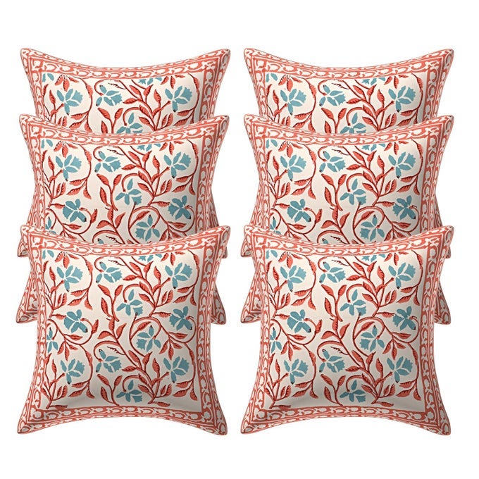 PURE COTTON CANVAS JAIPURI HAND BLOCK PRINT CUSHION COVER SUITABLE FOR BED ROOMLIVING ROOMSOFA COUCH PEACH WHITE 16X16 INCH 6 PCS
