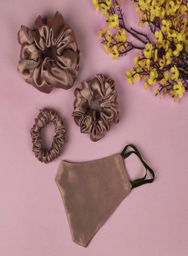 ARENDELLE Pack of 3 Bronze Satin Scrunchies in Skinny, Medium and Large Size with Matching Mask[ASC012] - Image 3